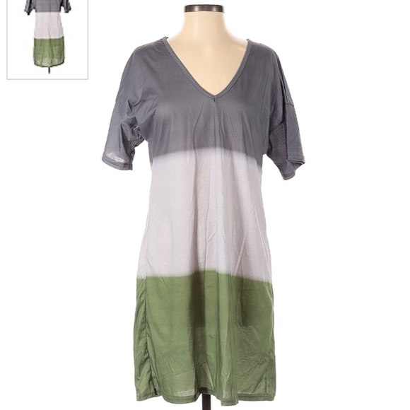Colorblock Tie Dye Short Sleeve V-Neck T-Shirt Dress Women's Small S Grey Green - Picture 1 of 9